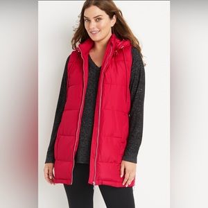 Red Hooded Longlined Puffer Vest-Medium